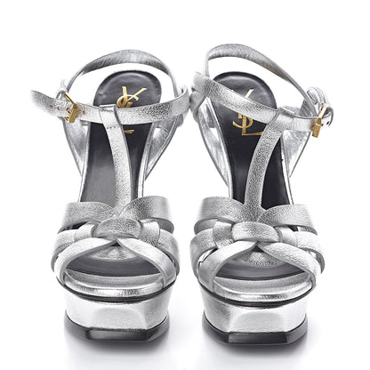 Saint Laurent Metallic Calfskin Tribute 105 Platform Sandals 38 Silver 2 of 7