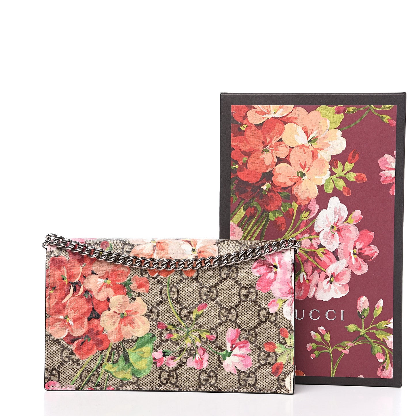GG Supreme Monogram Blooms Chain Wallet Beige Multicolor Dry Rose