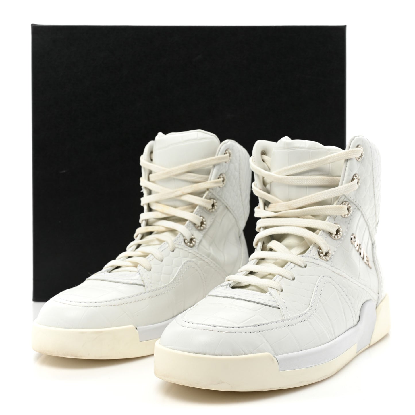 Calfskin Crocodile Embossed Cocodile High Top Sneakers 39.5 White