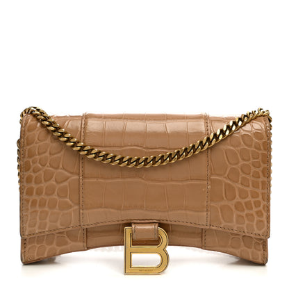 Balenciaga Shiny Calfskin Crocodile Embossed Hourglass Chain Bag Nude Beige 1 of 10