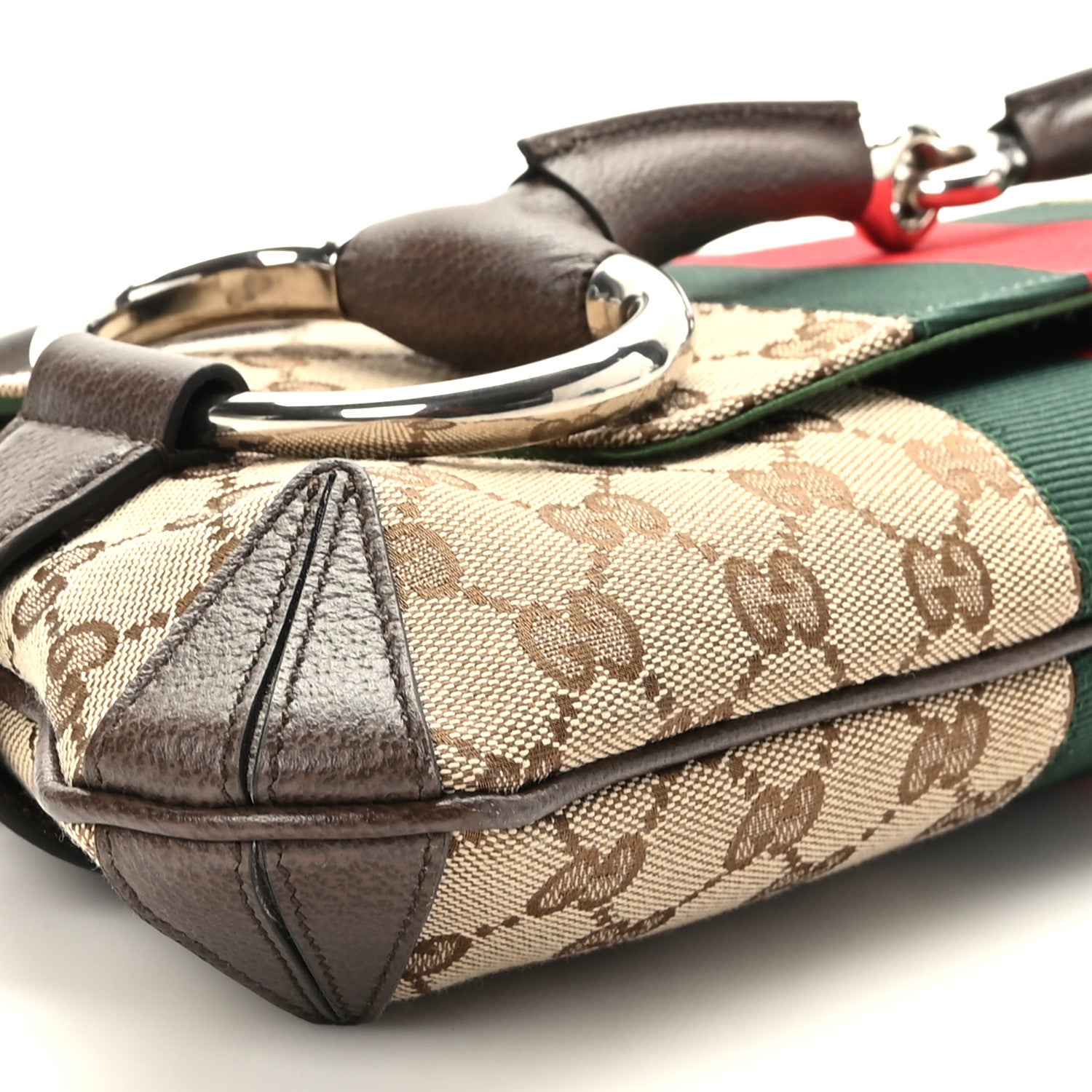 Gucci Monogram Textured Dollar Calfskin Heavy Grosgrain Web Medium Maxi Horsebit Chain Shoulder Bag Beige Ebony New Acero 7 of 8