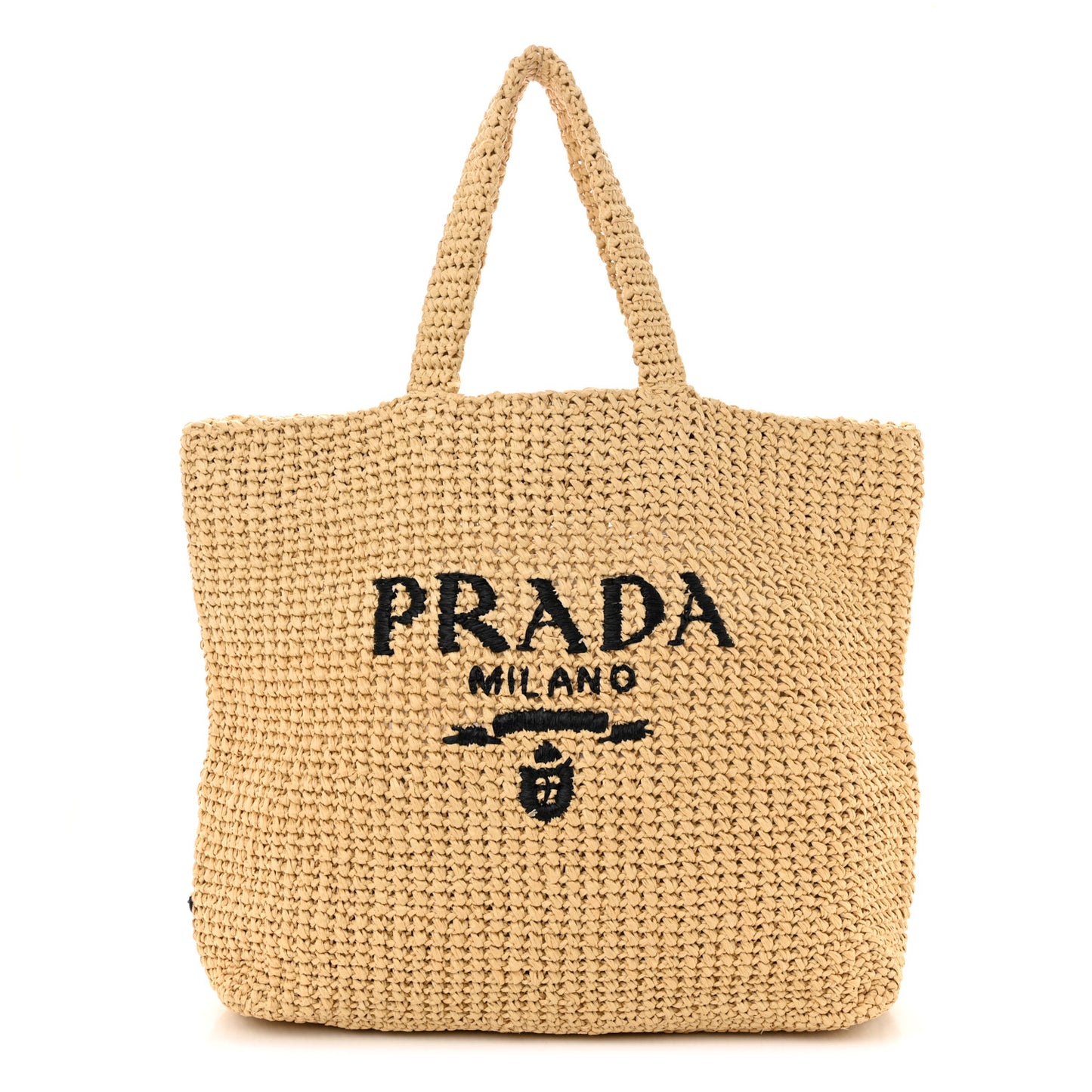 Yarn Raffia Effect Crochet Embroidered Logo Tote Naturale