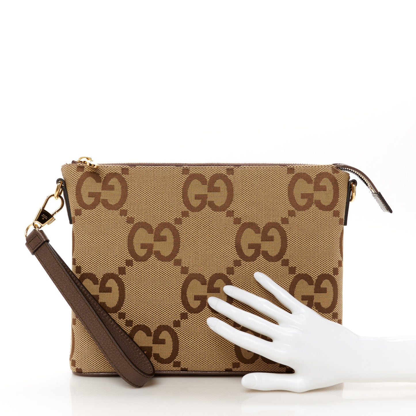 Monogram Jumbo GG Textured Dollar Calfskin Web Wristlet Messenger Bag Camel Ebony New Acero