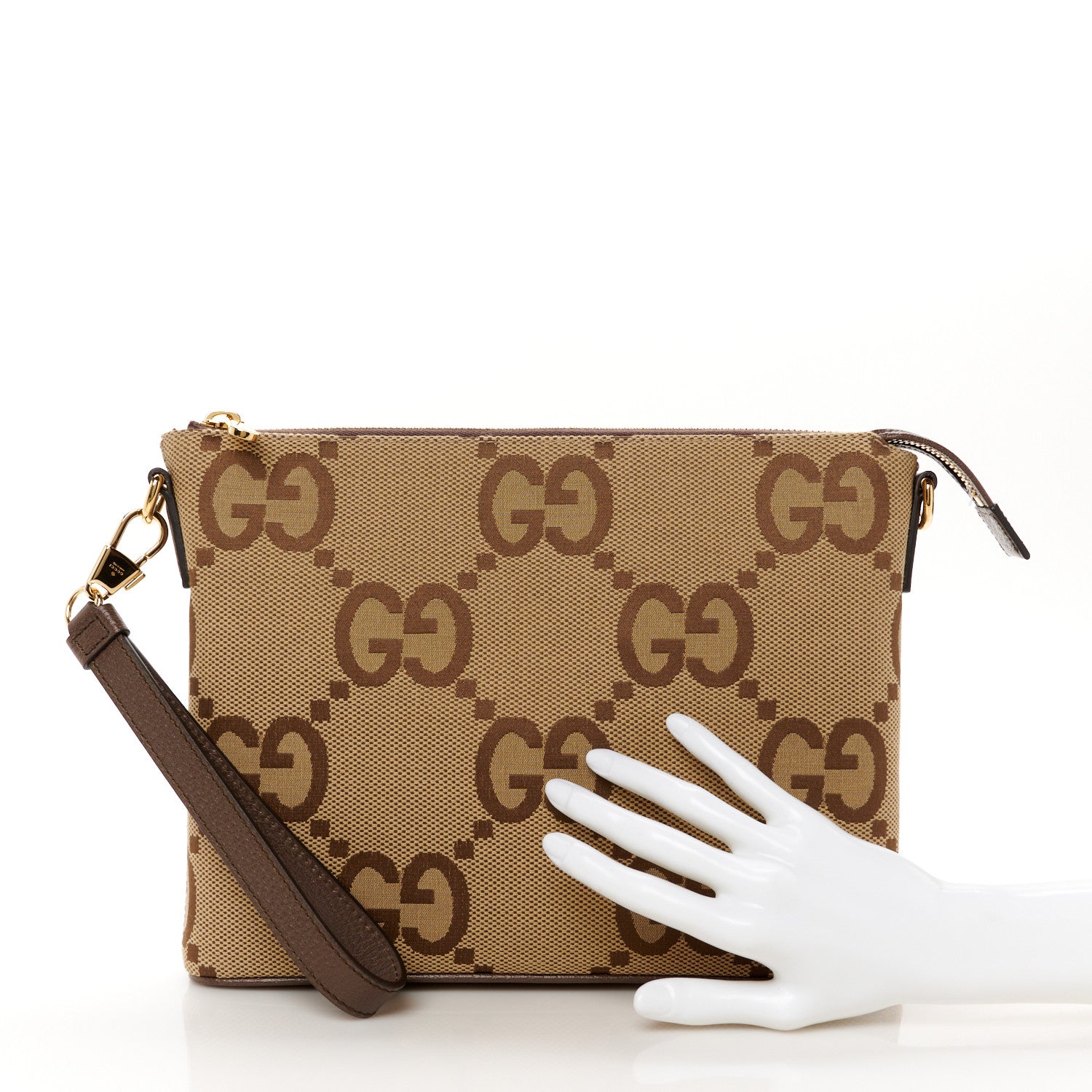 Gucci Monogram Jumbo GG Textured Dollar Calfskin Web Wristlet Messenger Bag Camel Ebony New Acero 2 of 11