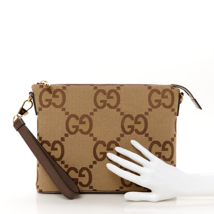 Gucci Monogram Jumbo GG Textured Dollar Calfskin Web Wristlet Messenger Bag Camel Ebony New Acero 2 of 11