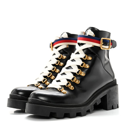 Gucci Calfskin Sylvie Web Womens Lace Up Combat Boots 37 Black 3 of 15