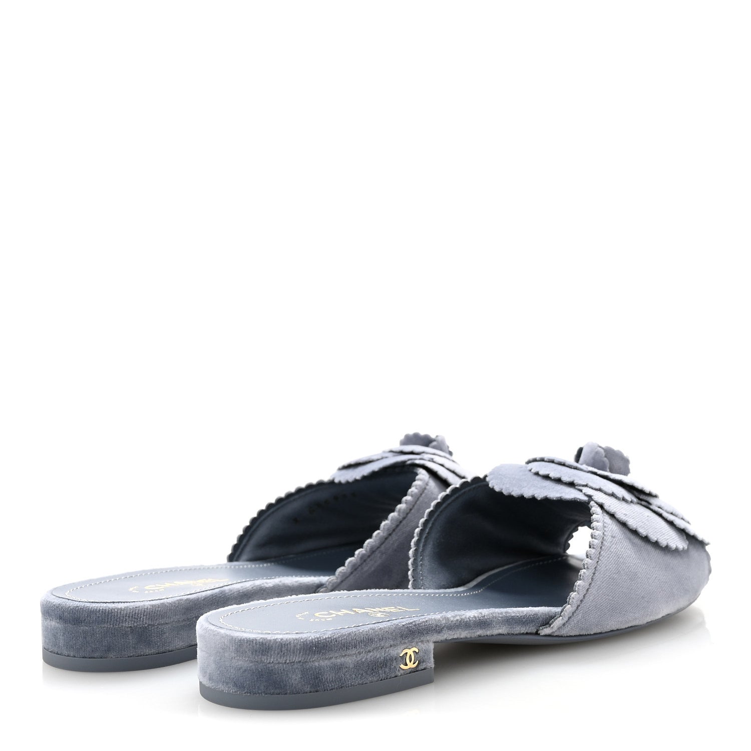 Chanel Velvet Pearl Camellia Slide Sandals 36.5 Gray 5 of 11