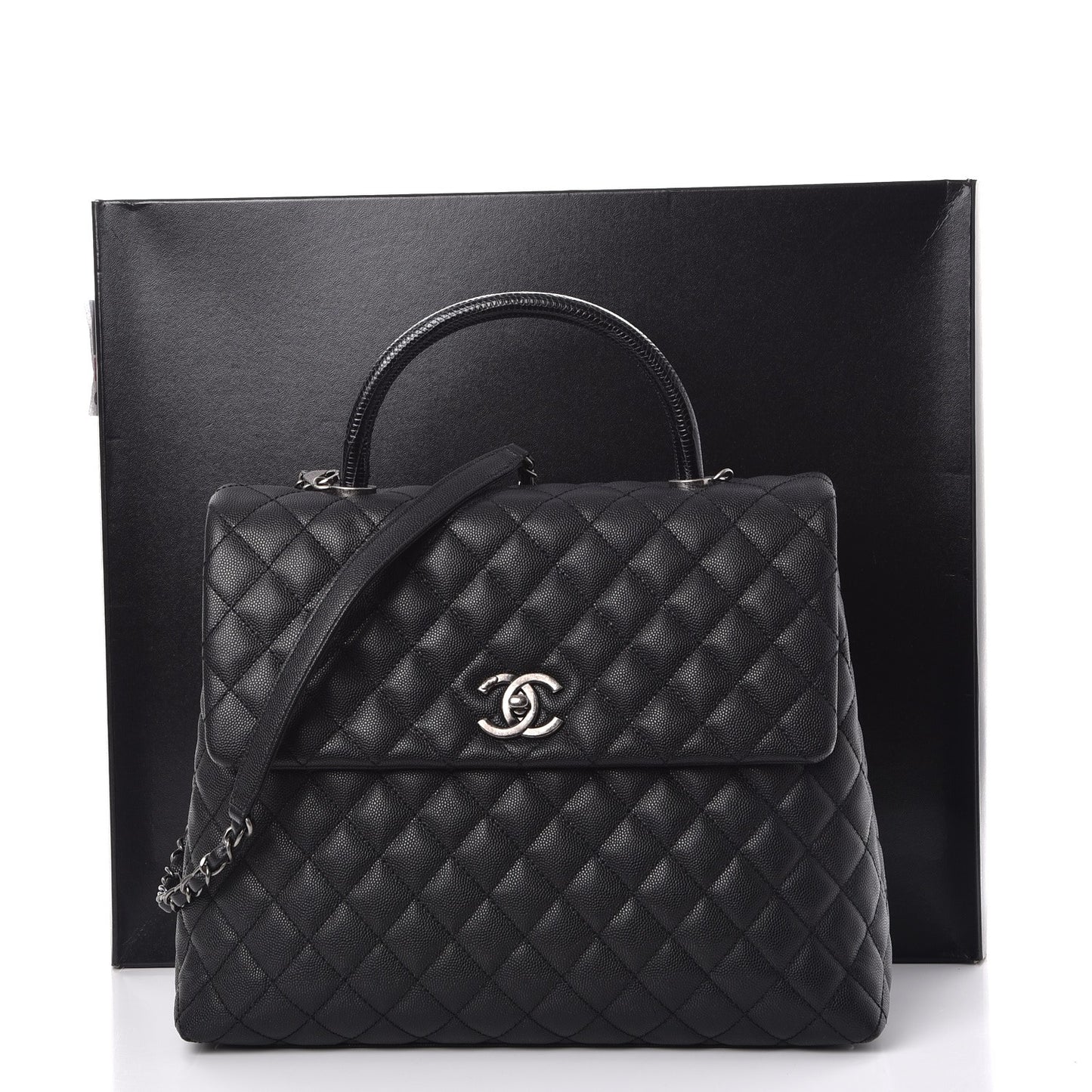 Caviar Lizard Quilted Large Coco Handle Flap Black