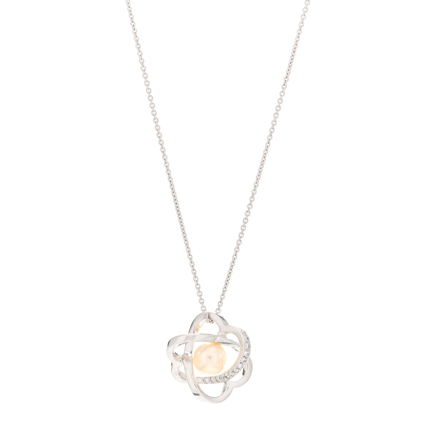 18K White Gold Diamond Akoya Pearl 7mm Flower Pendant Necklace
