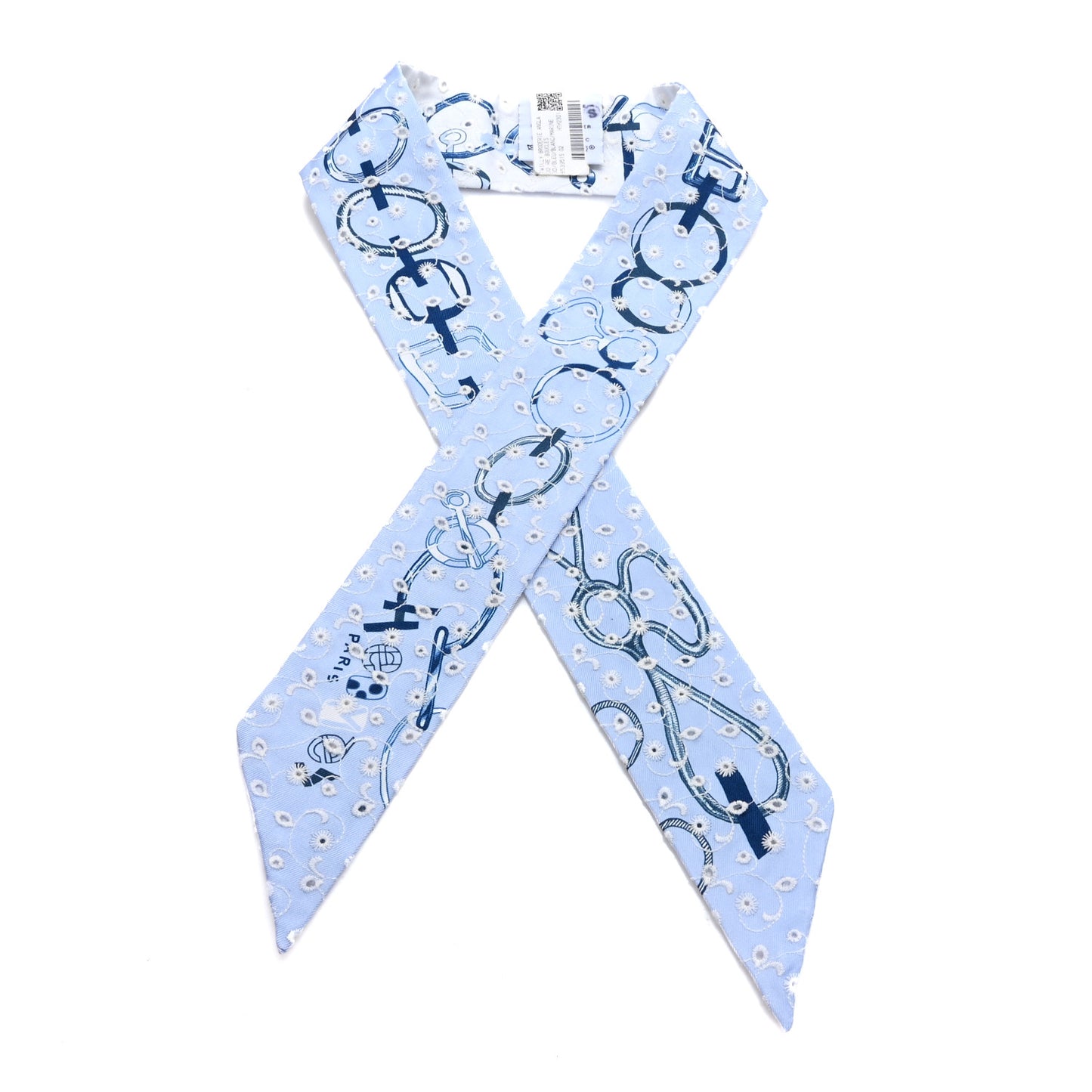 Silk Embroidered Do Re Boucles Broderie Anglaise Twilly Bleu White Marine