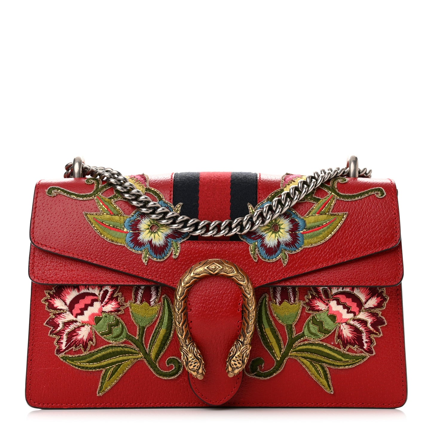 Calfskin Web Floral Embroidered Small Dionysus Shoulder Bag Hibiscus Red