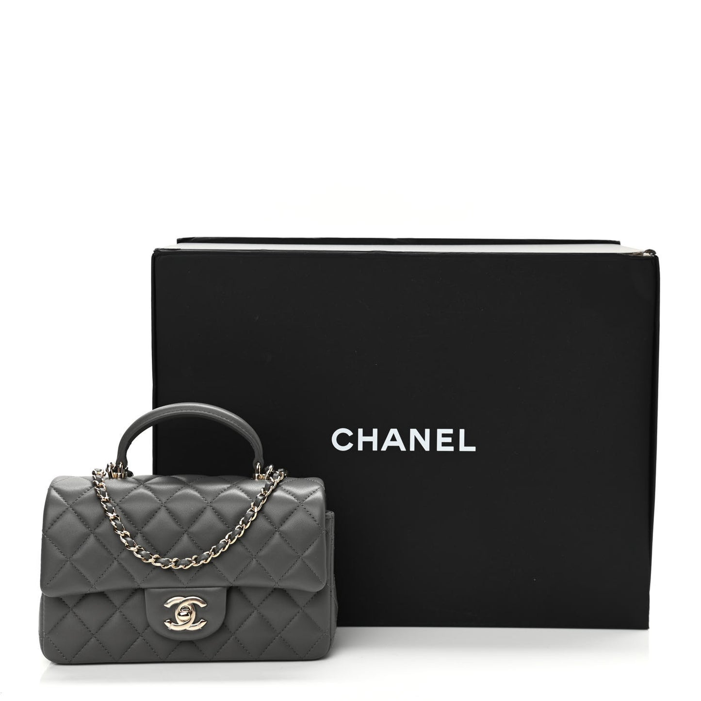 Lambskin Quilted Mini Top Handle Rectangular Flap Dark Grey