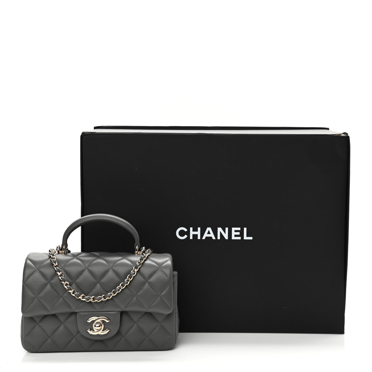 Chanel Lambskin Quilted Mini Top Handle Rectangular Flap Dark Grey 13 of 13