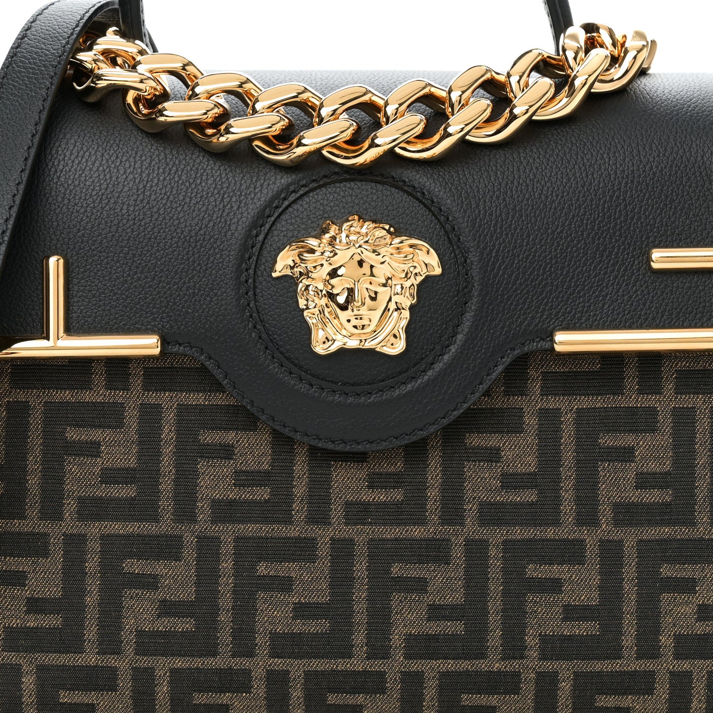 X FENDI Grained Calfskin Fendace Medium La Medusa Top Handle Bag Black Brown