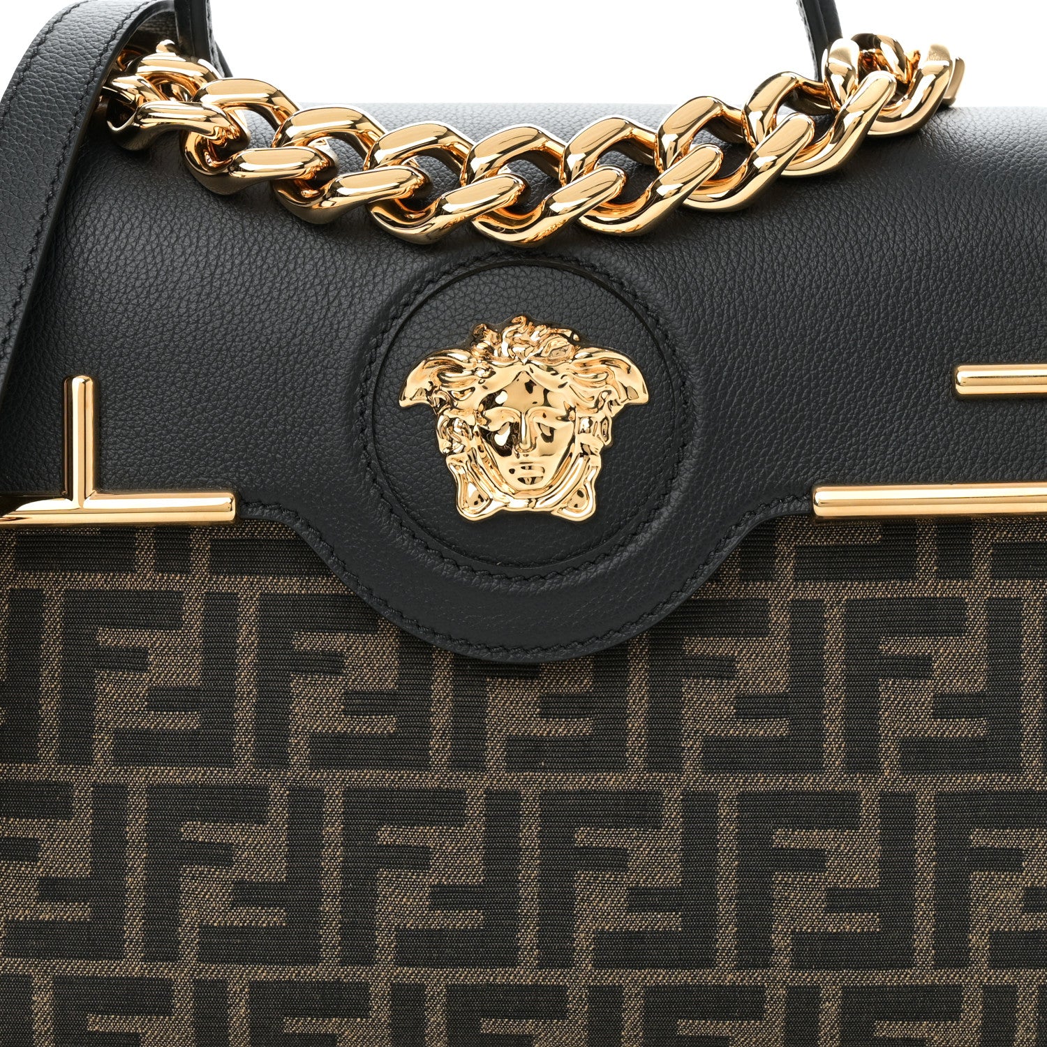 Versace X FENDI Grained Calfskin Fendace Medium La Medusa Top Handle Bag Black Brown 7 of 9