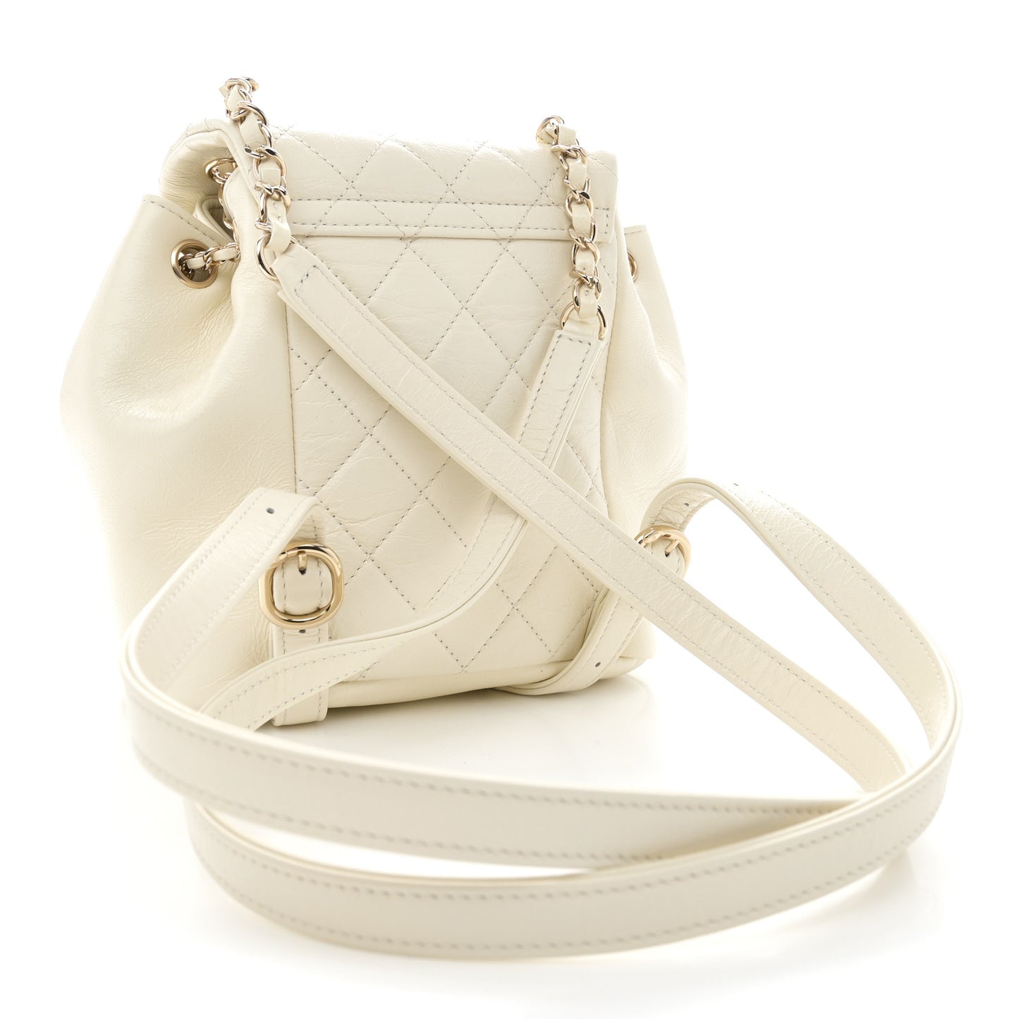 Glazed Aged Calfskin Quilted Small Duma Drawstring Backpack White