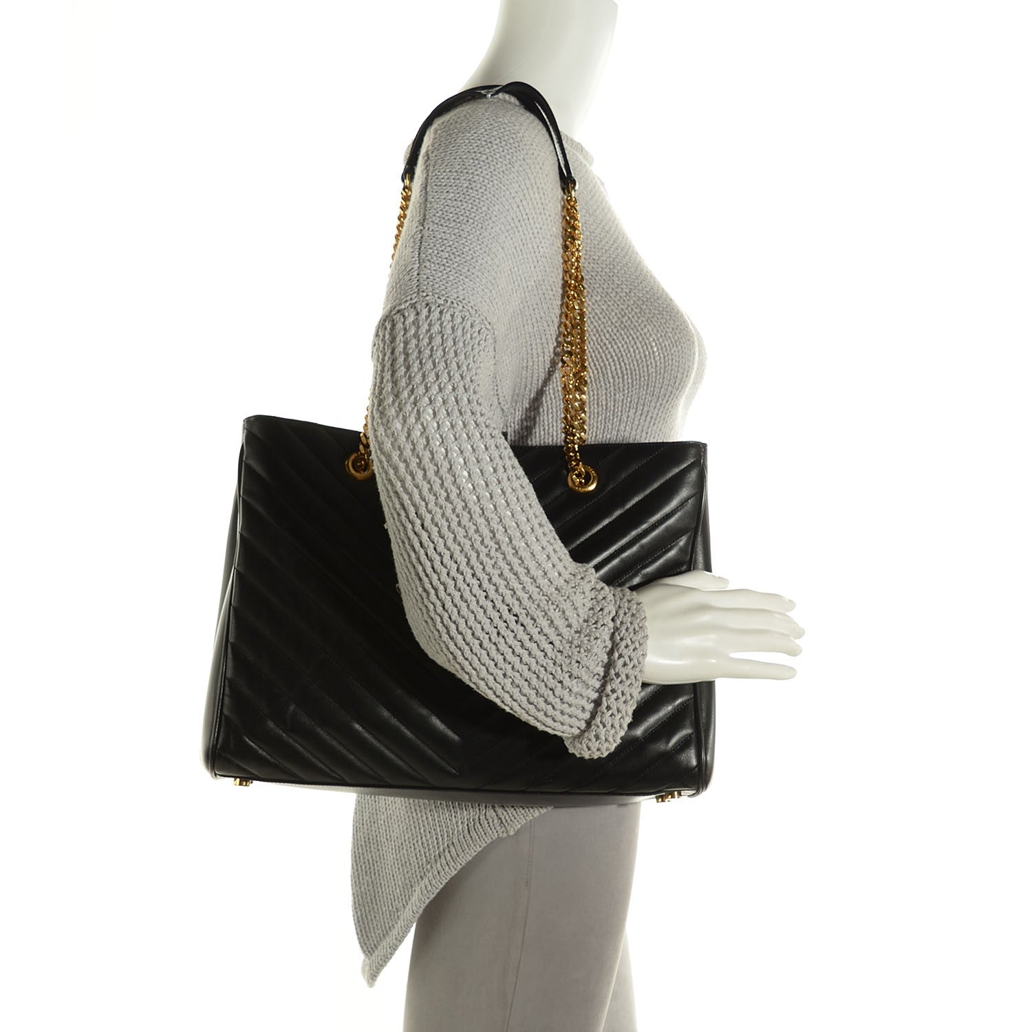 Saint Laurent Lambskin Matelasse Chevron Monogram Shopping Bag Black 2 of 8