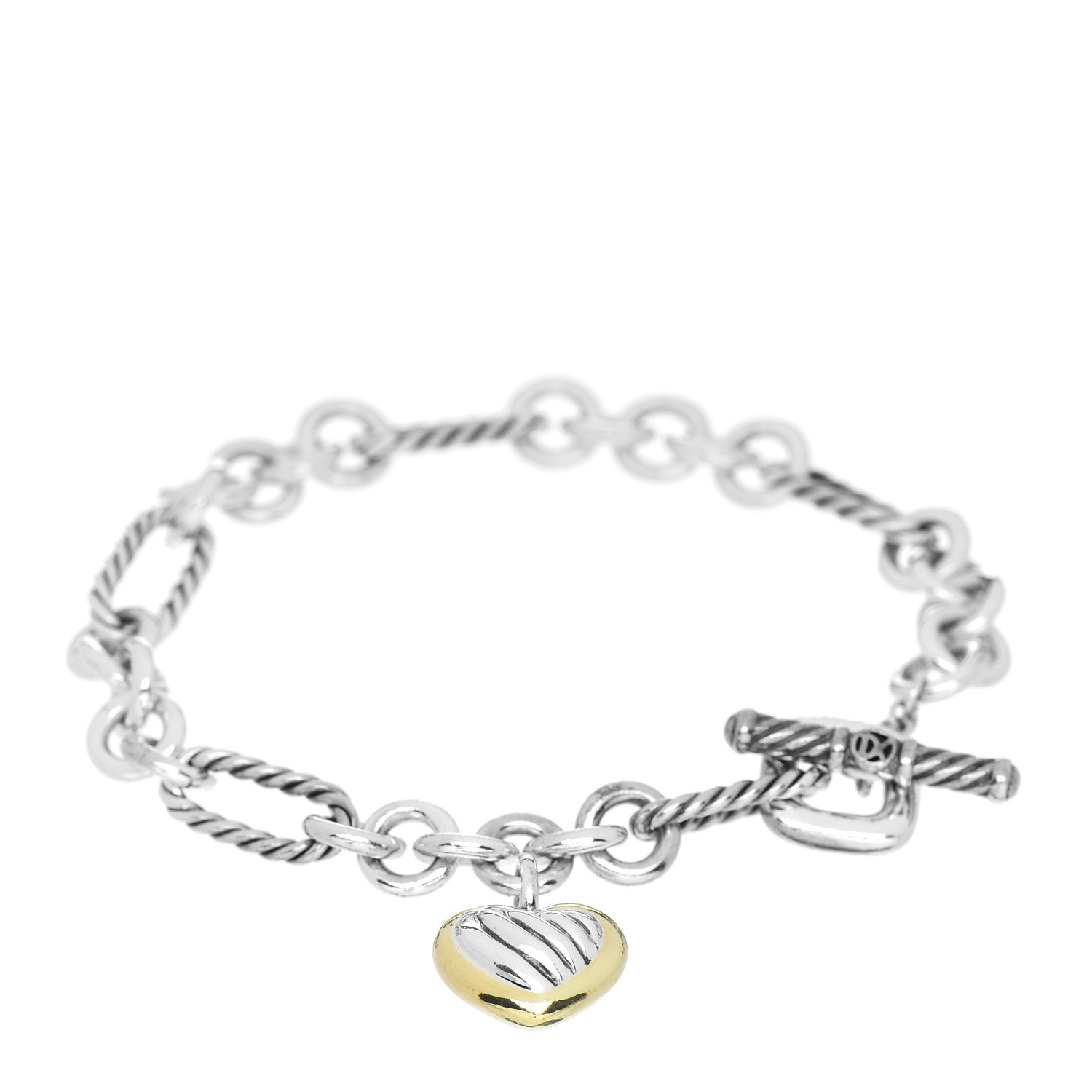 David Yurman Sterling Silver 18K Yellow Gold Cable Heart Charm Bracelet 1 of 3