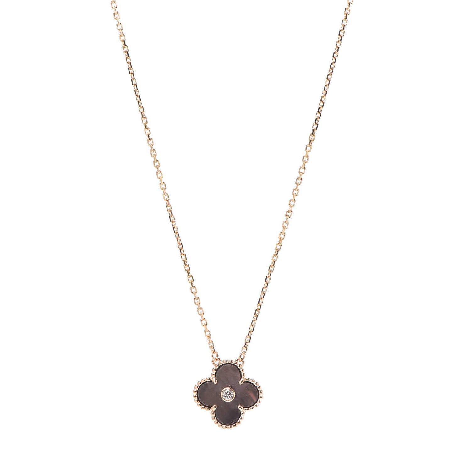 18K Rose Gold Diamond Grey Mother of Pearl Vintage Alhambra Pendant Necklace