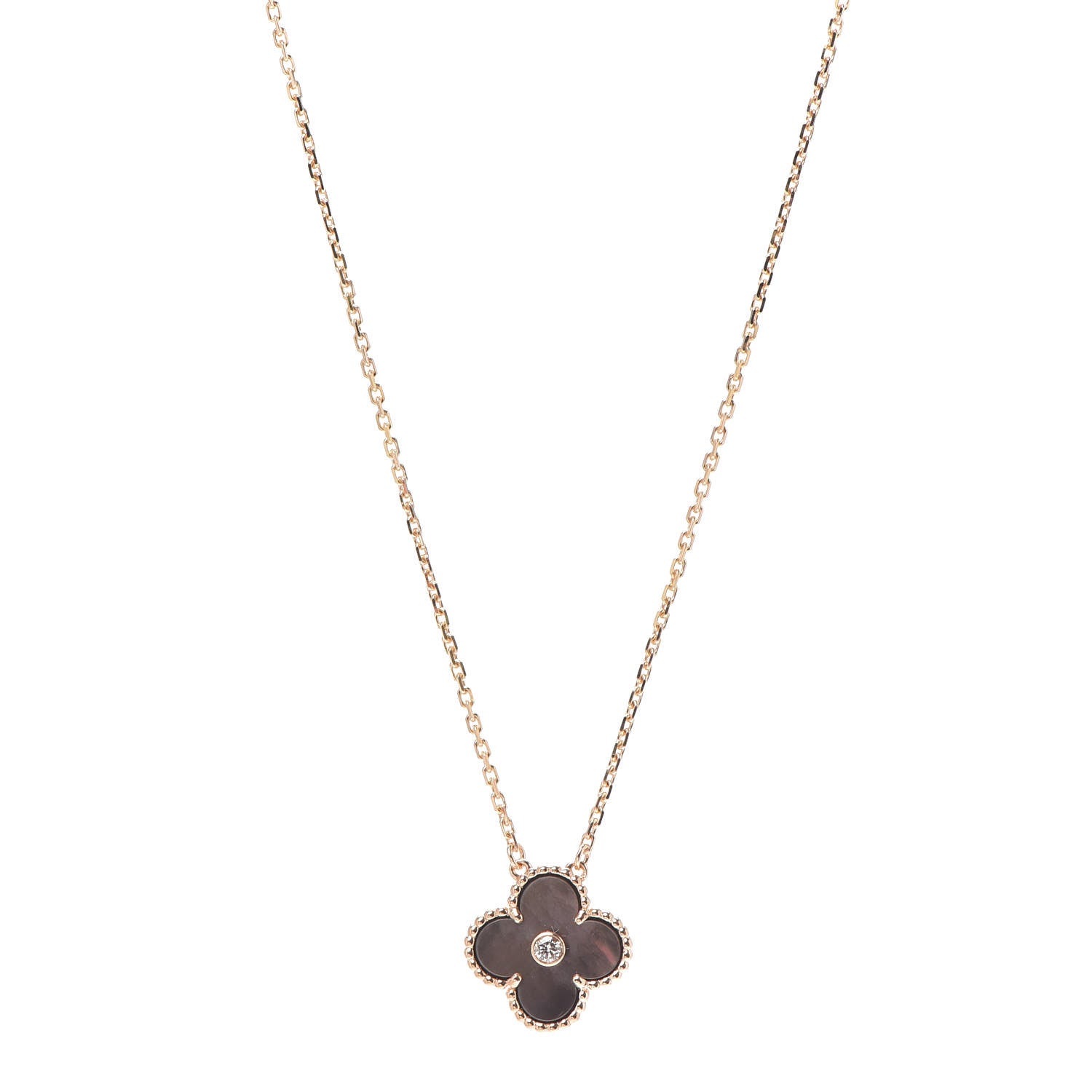 Van Cleef & Arpels 18K Rose Gold Diamond Grey Mother of Pearl Vintage Alhambra Pendant Necklace 1 of 6