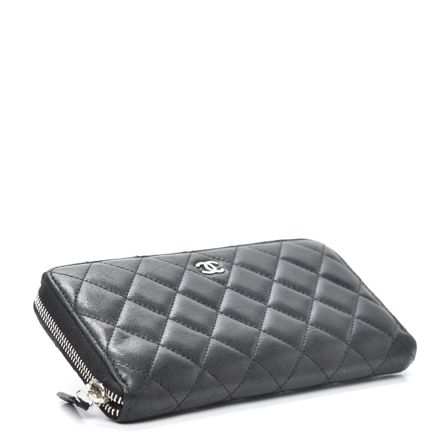 Lambskin Quilted Large Gusset Zip Around Wallet Black