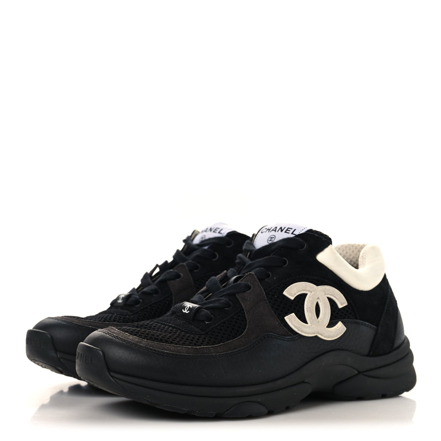 Mesh Suede Grained Calfskin Womens CC Sneakers 37.5 Black White