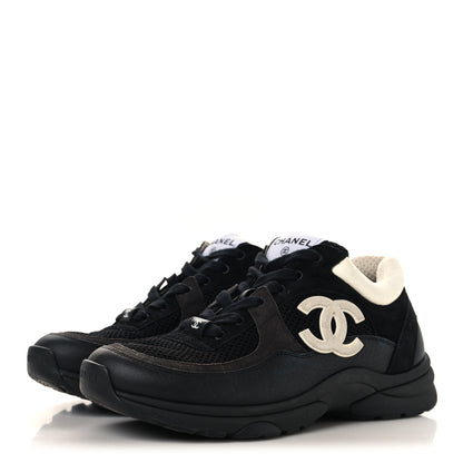 Chanel Mesh Suede Grained Calfskin Womens CC Sneakers 37.5 Black White 4 of 9