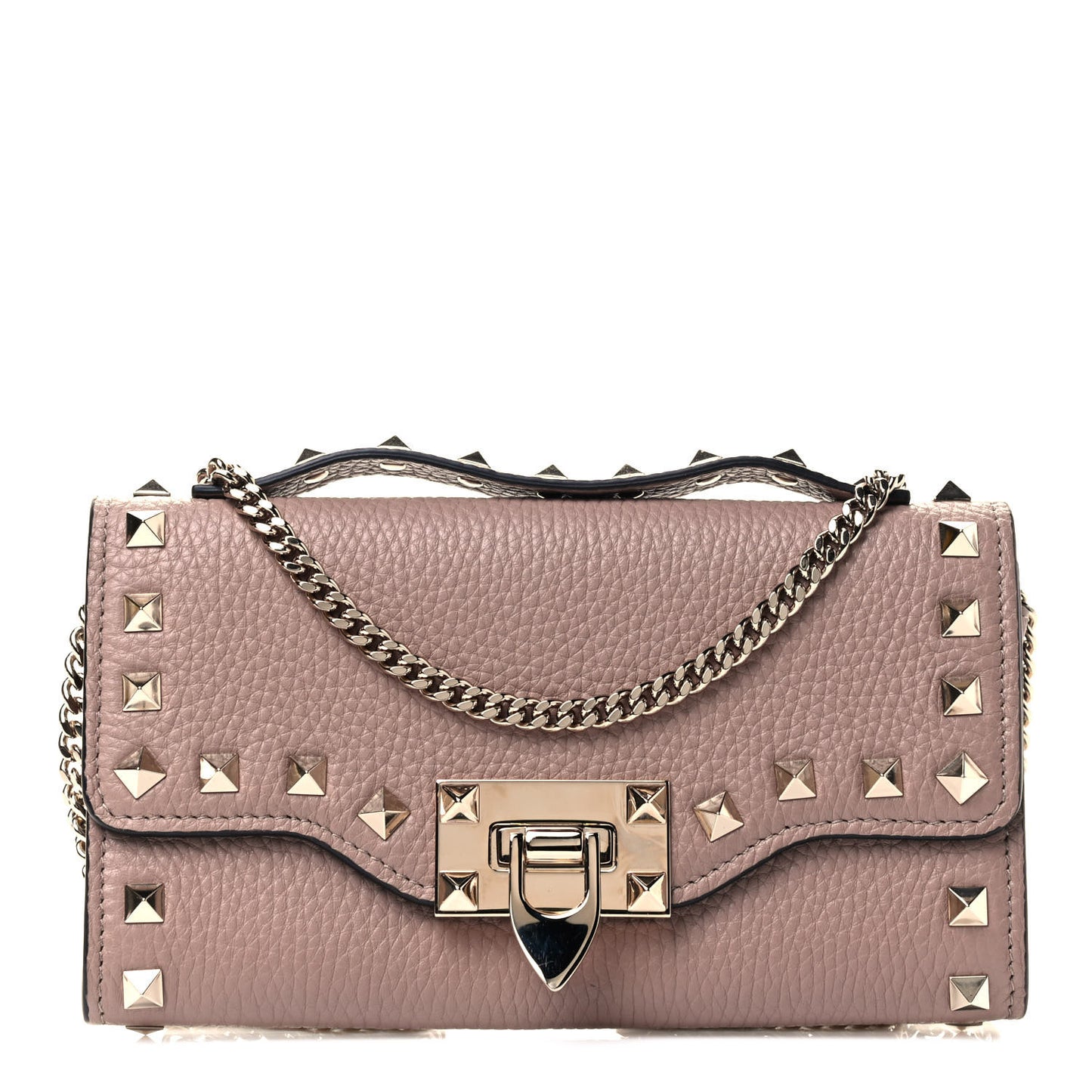 Pebbled Calfskin Rockstud Flip Lock Wallet On Chain Poudre