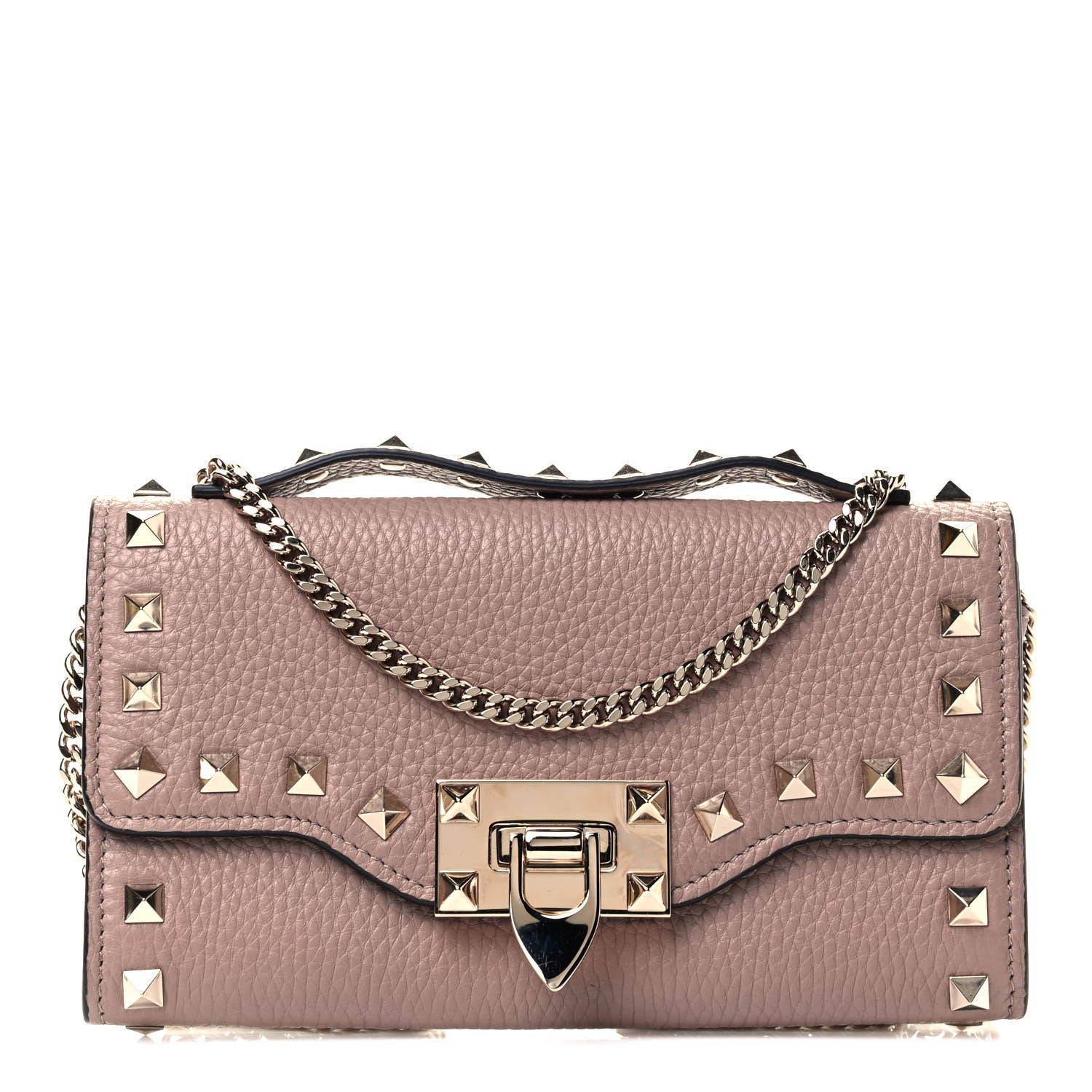 Valentino Garavani Pebbled Calfskin Rockstud Flip Lock Wallet On Chain Poudre 1 of 4