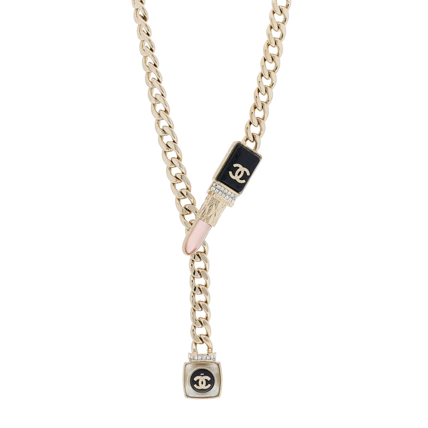 Metal Strass Pearl Lipstick Necklace Pink Gold