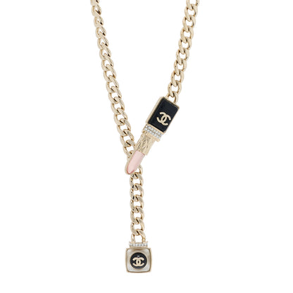 Chanel Metal Strass Pearl Lipstick Necklace Pink Gold 1 of 3