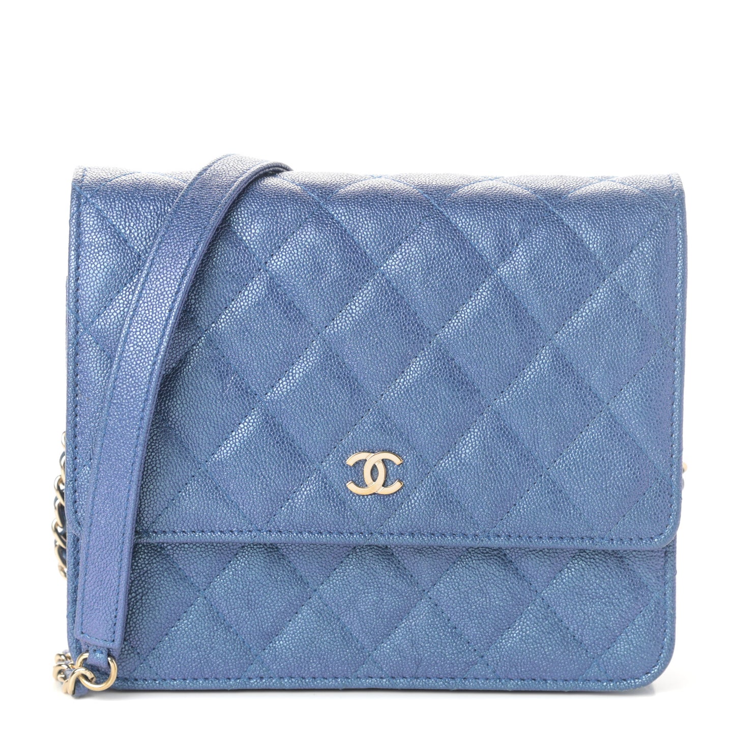 Iridescent Caviar Quilted Square Wallet On Chain WOC Blue