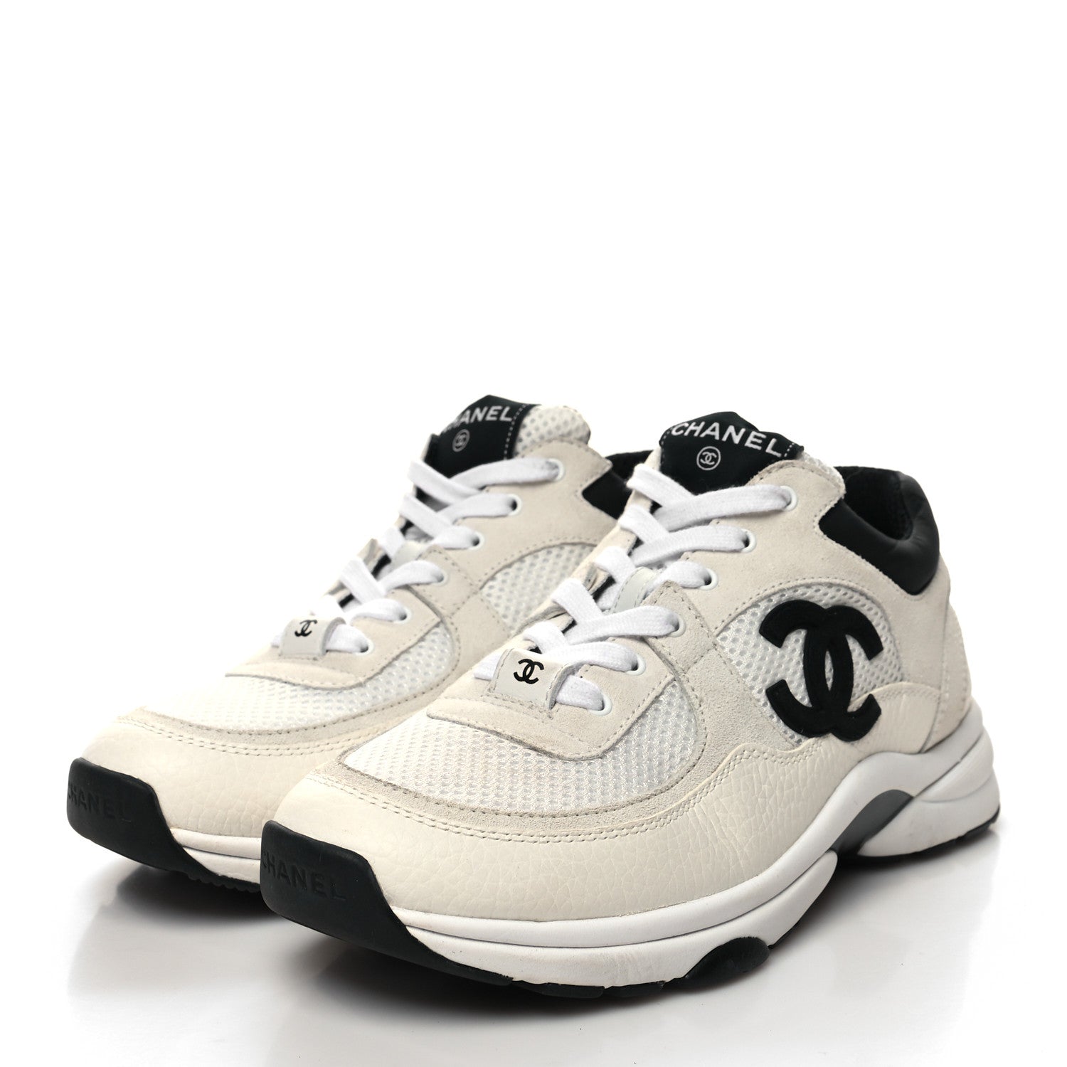 Chanel Mesh Suede Calfskin Grained Calfskin Womens CC Sneakers 39 White Black 3 of 8