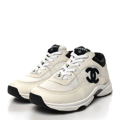 Chanel Mesh Suede Calfskin Grained Calfskin Womens CC Sneakers 39 White Black 3 of 8