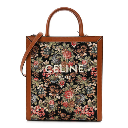 Celine Canvas Calfskin Jacquard Floral Small Vertical Cabas Black Tan 1 of 14