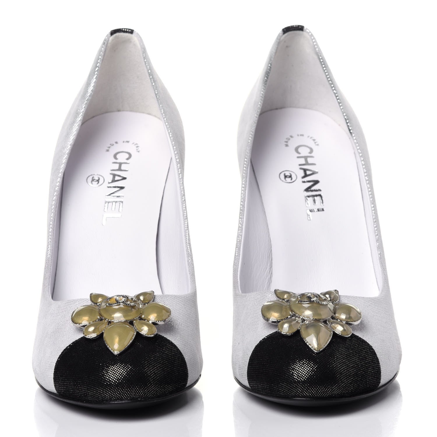 Chanel Metallic Fabric Jewel Cap Toe Pumps 39.5 Silver Black 2 of 12
