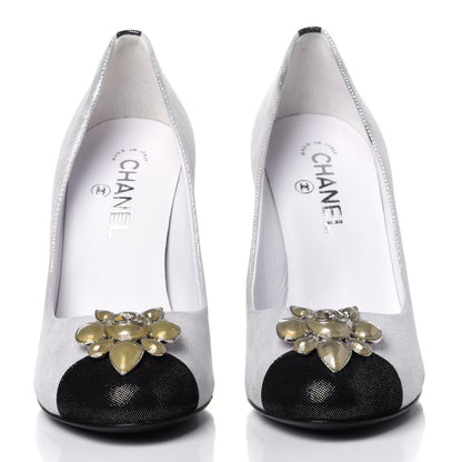 Chanel Metallic Fabric Jewel Cap Toe Pumps 39.5 Silver Black 2 of 12