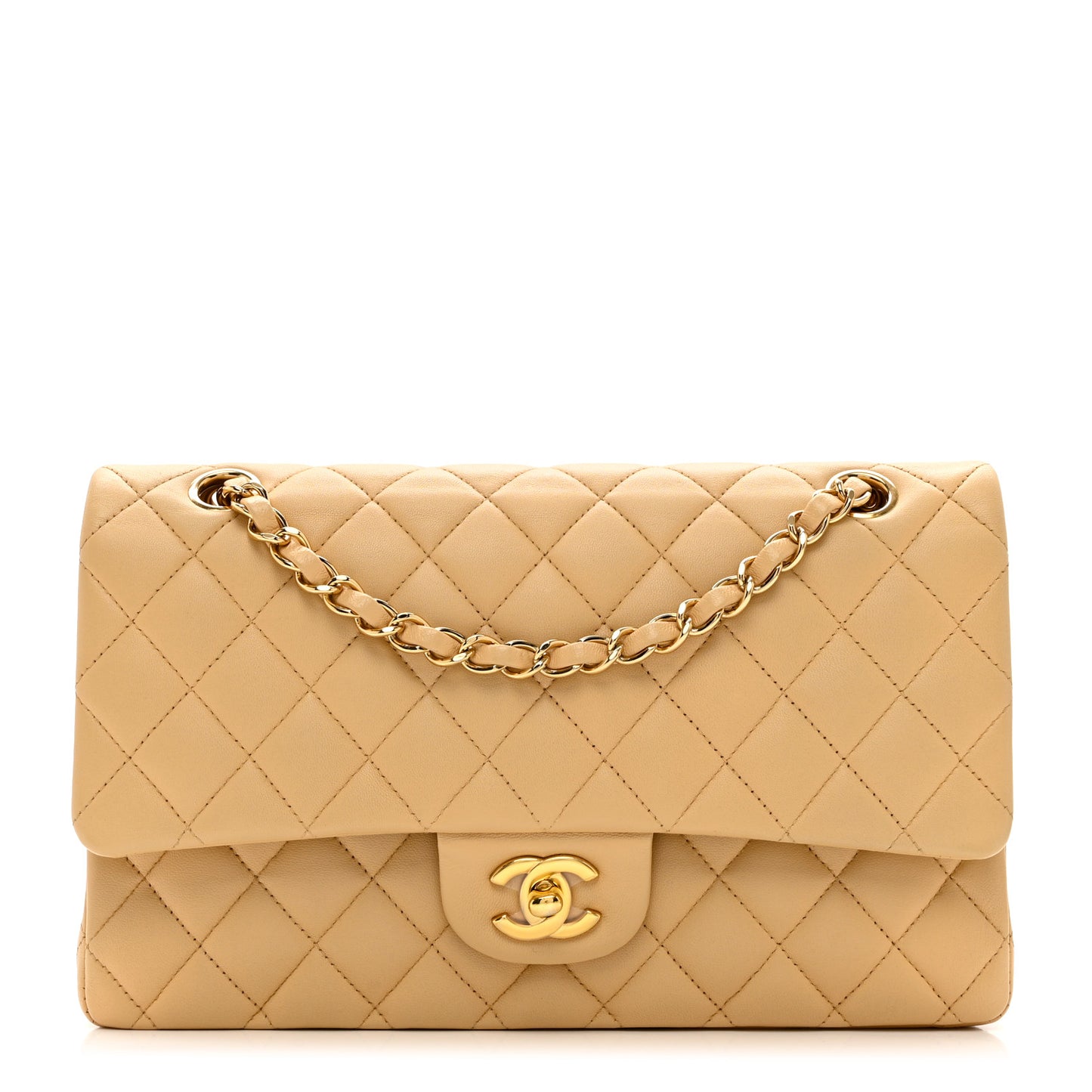 Lambskin Quilted Medium Double Flap Beige