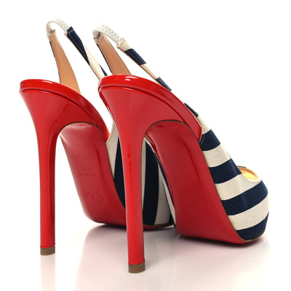 Christian Louboutin Toile Rayee Patent Sling 120 Pumps 36.5 Navy 4 of 8