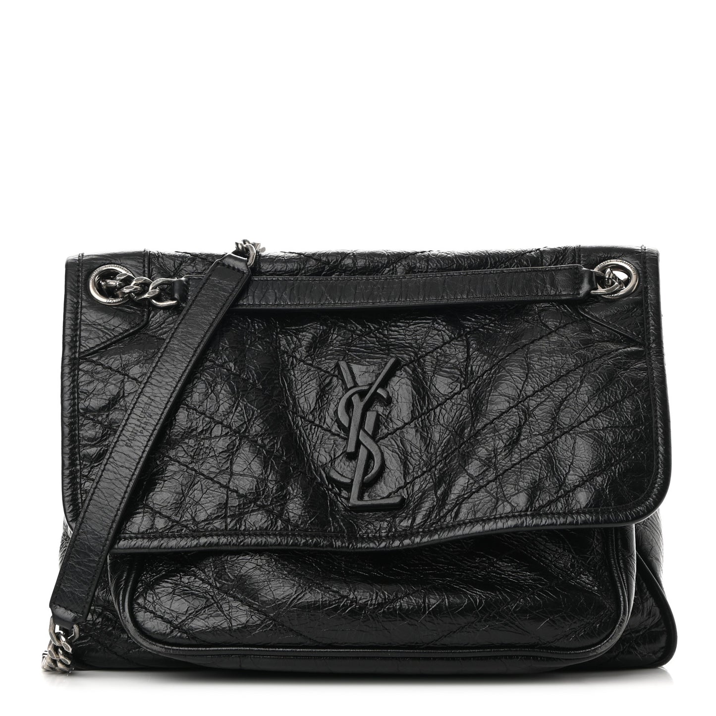 Crinkled Calfskin Matelasse Monogram Medium Niki Chain Satchel Black