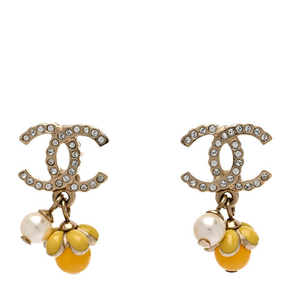 Chanel Metal Crystal Bead Pearl CC Drop Earrings Gold White Yellow 1 of 5