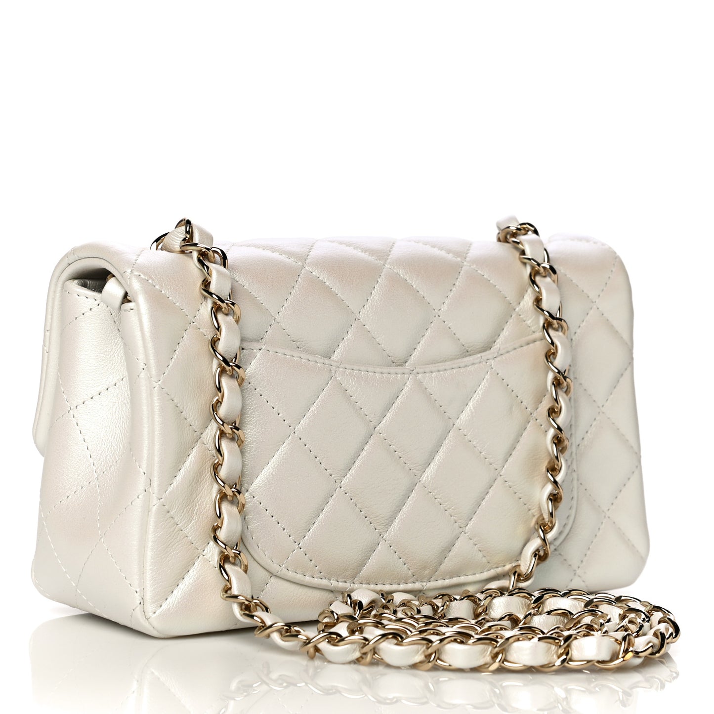 Iridescent Calfskin Quilted Mini Rectangular Flap White