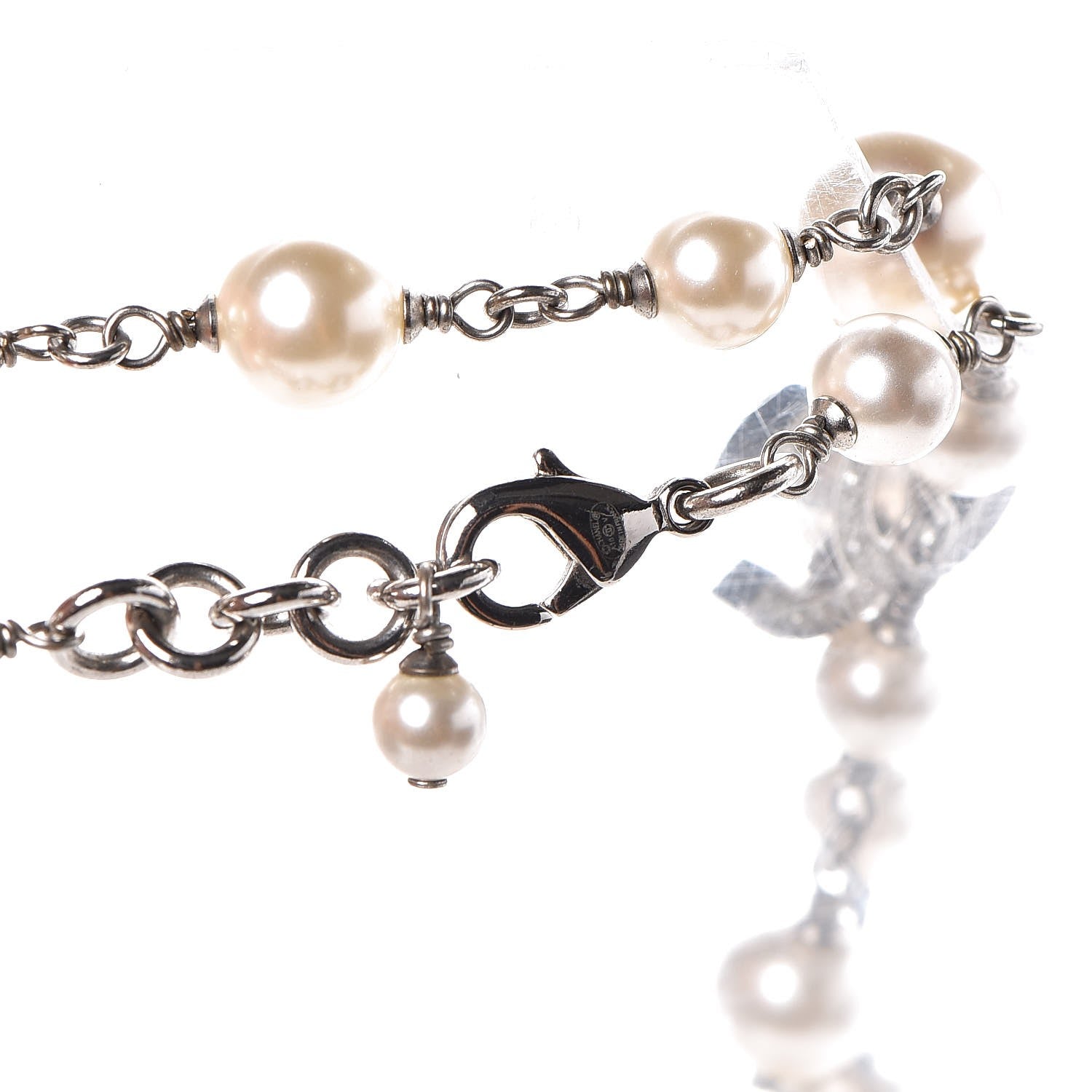 Chanel Crystal Pearl CC Long Necklace Silver 4 of 5