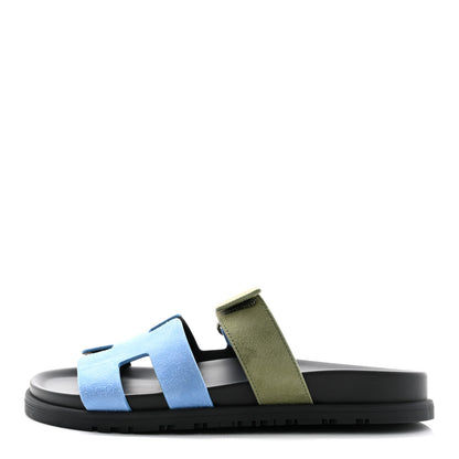 Hermes Suede Goatskin Womens Chypre Sandals 37 Bleu Cameo Vert 1 of 11