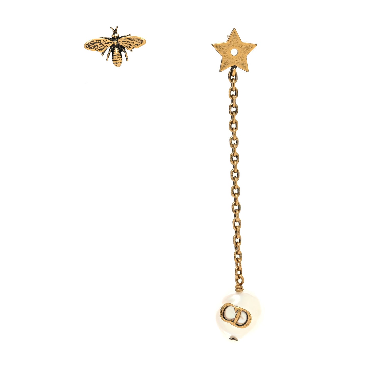 Metal Pearl Bee Star CD Drop Chain Earrings Aged Gold