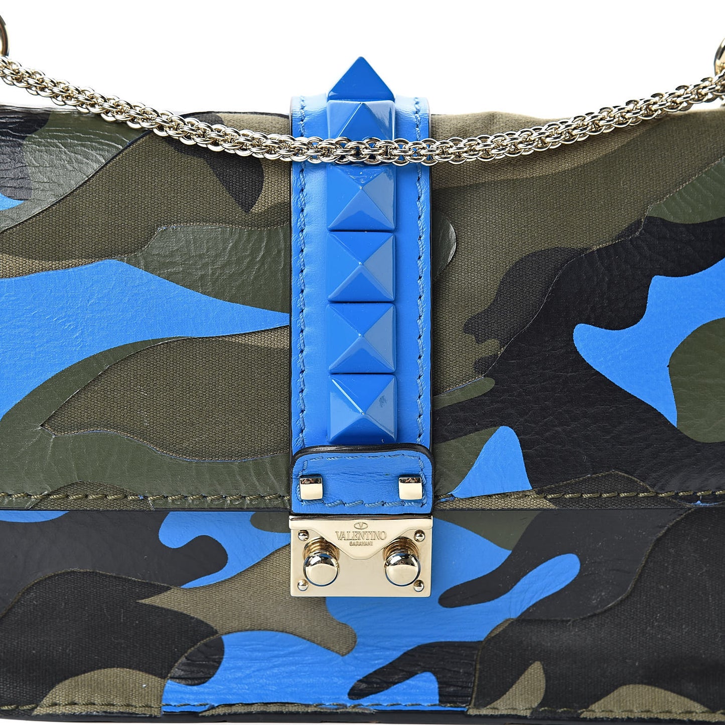 Nappa Canvas Camouflage Medium Glam Lock Rockstud Flap Blue Fluo