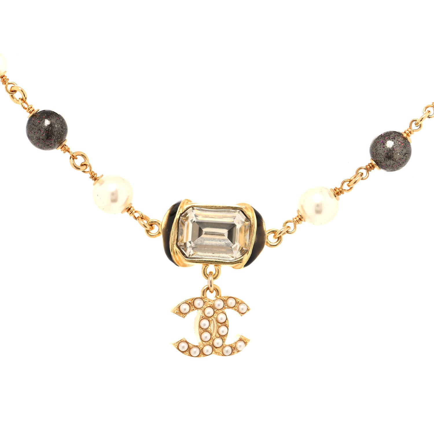 Chanel Graduated Pearl Crystal CC Short Necklace Gold Black Grey 3 of 5