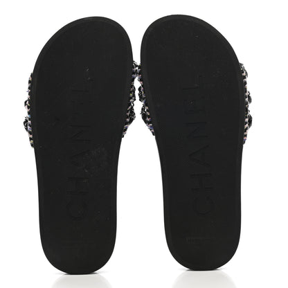 Chanel Tweed Lambskin Chain Flat Sandals 35 Black Multicolor 5 of 14