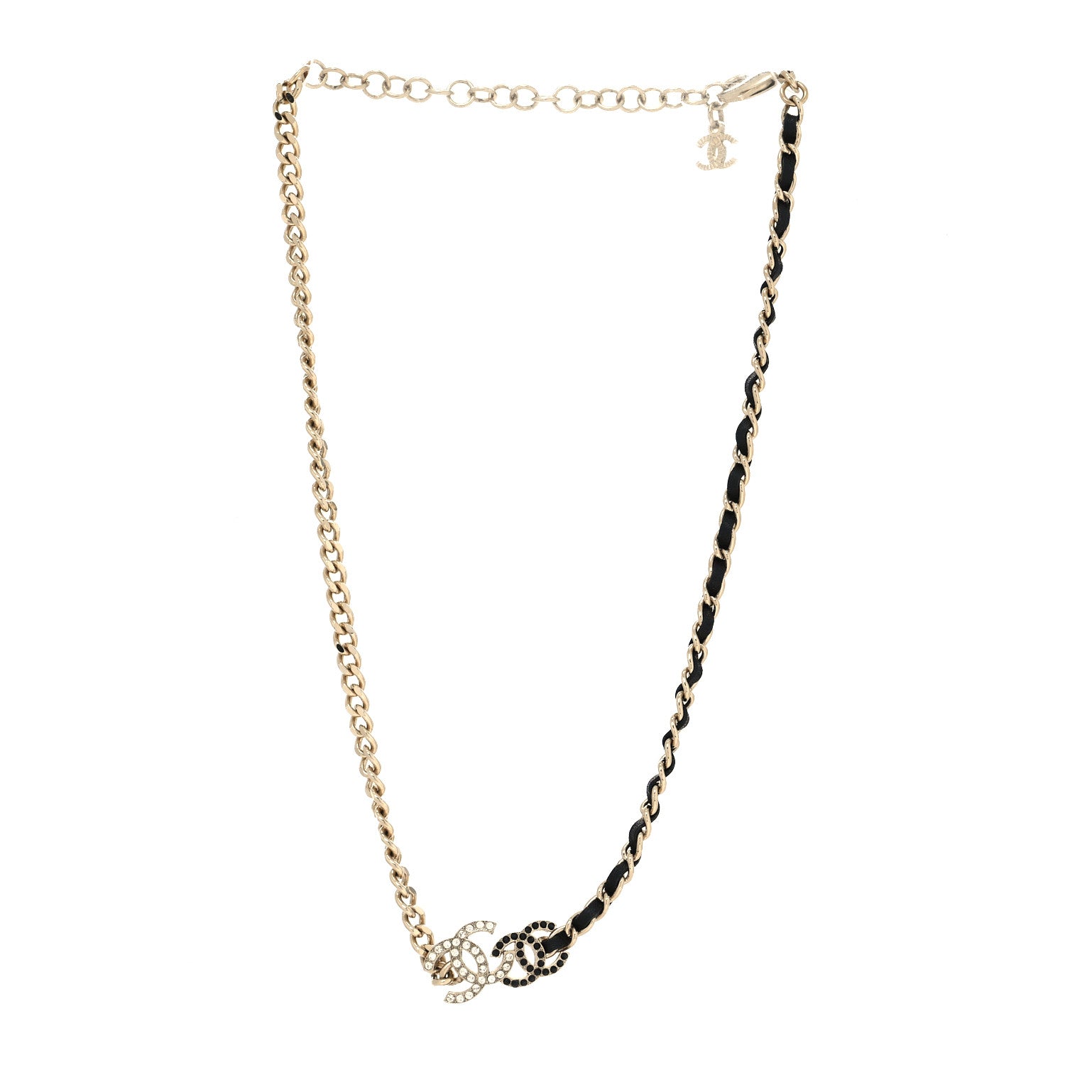 Chanel Metal Calfskin Crystal Double CC Short Necklace Black Gold 3 of 5
