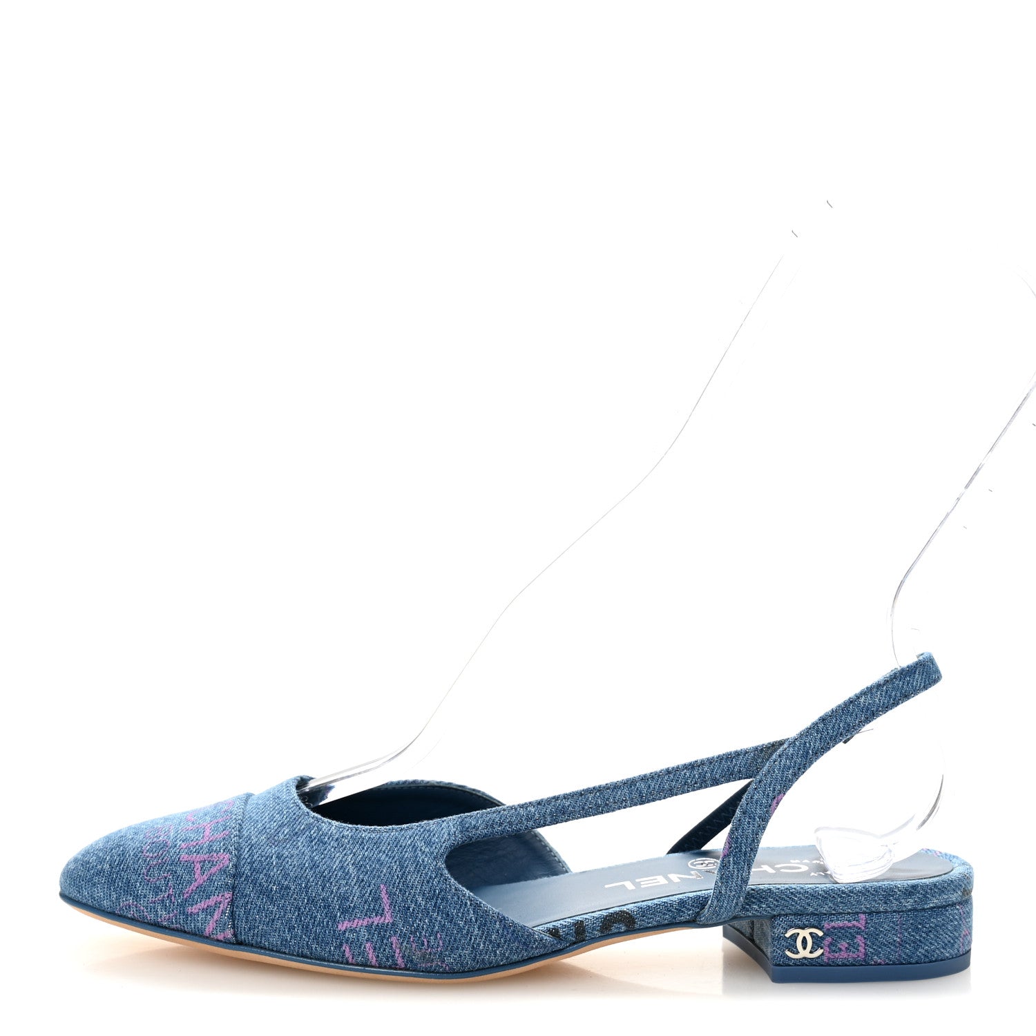 Chanel Denim Printed Denim Mood Cap Toe CC Slingback Flats 37 Light Blue Multicolor 1 of 8